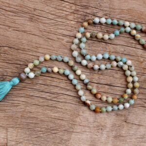 108 Amazonite and Labradorite  lovingly hand knotted Yoga Mala, Cotton Tassel, Vegan Mala