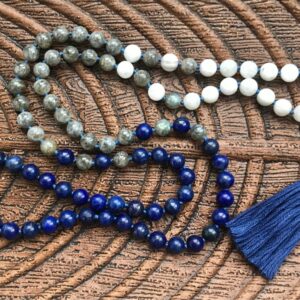 108 Lapis Lazuli, Labradorite, Moonstone Necklace , lovingly handknotted Yoga Mala