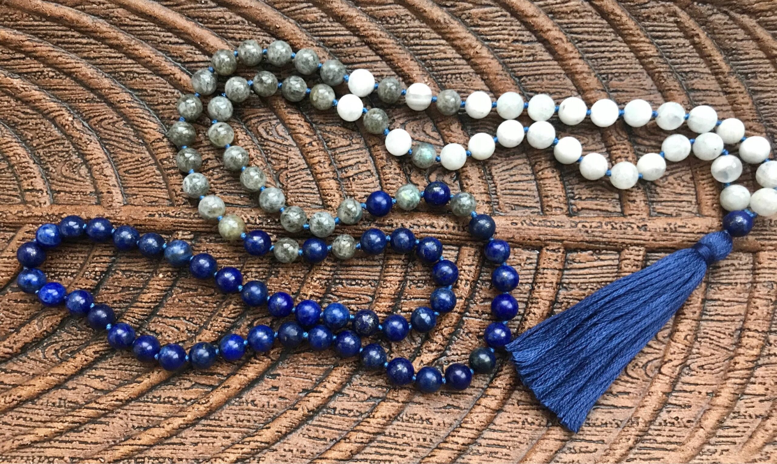 108 Lapis Lazuli, Labradorite, Moonstone Necklace , lovingly handknotted Yoga Mala