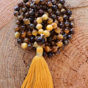 108 Mala, Tiger Eye, Golden Tiger Eye,Yoga Mala, Handmade Cotton Tassel. Vegan mala.