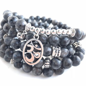 108 Black Labradorite Om Mala stretch mala with artisan om charm, labradorite wrap bracelet.