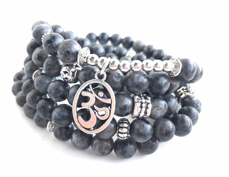 108 Black Labradorite Om Mala stretch mala with artisan om charm, labradorite wrap bracelet.