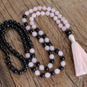 108 Black Onyx, Rose Quartz, Obsidian Mala. Hand knotted 108 beads Mala with Handmade Cotton Tassel.