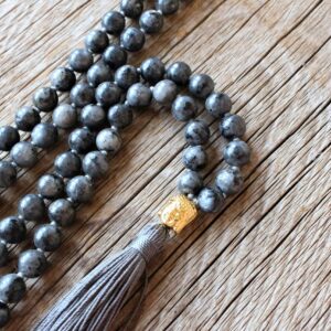 108 Mala Black Labradorite, Buddha's head Long Tassel, Hand knotted  Necklace, Vegan Mala