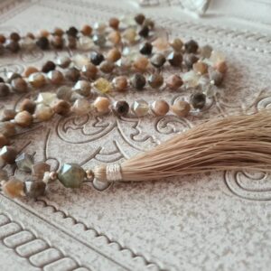 108 Grey Sunstone Mala, A grade Prayer beads, Labradorite guru bead, Mala Necklace. Handmade Tassel. Vegan mala.