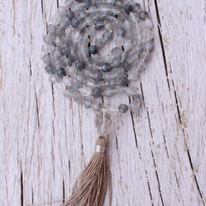 108 Grey Agate, Clear Quartz  hand knotted Yoga mala. Long tassel. Vegan Boho necklace.