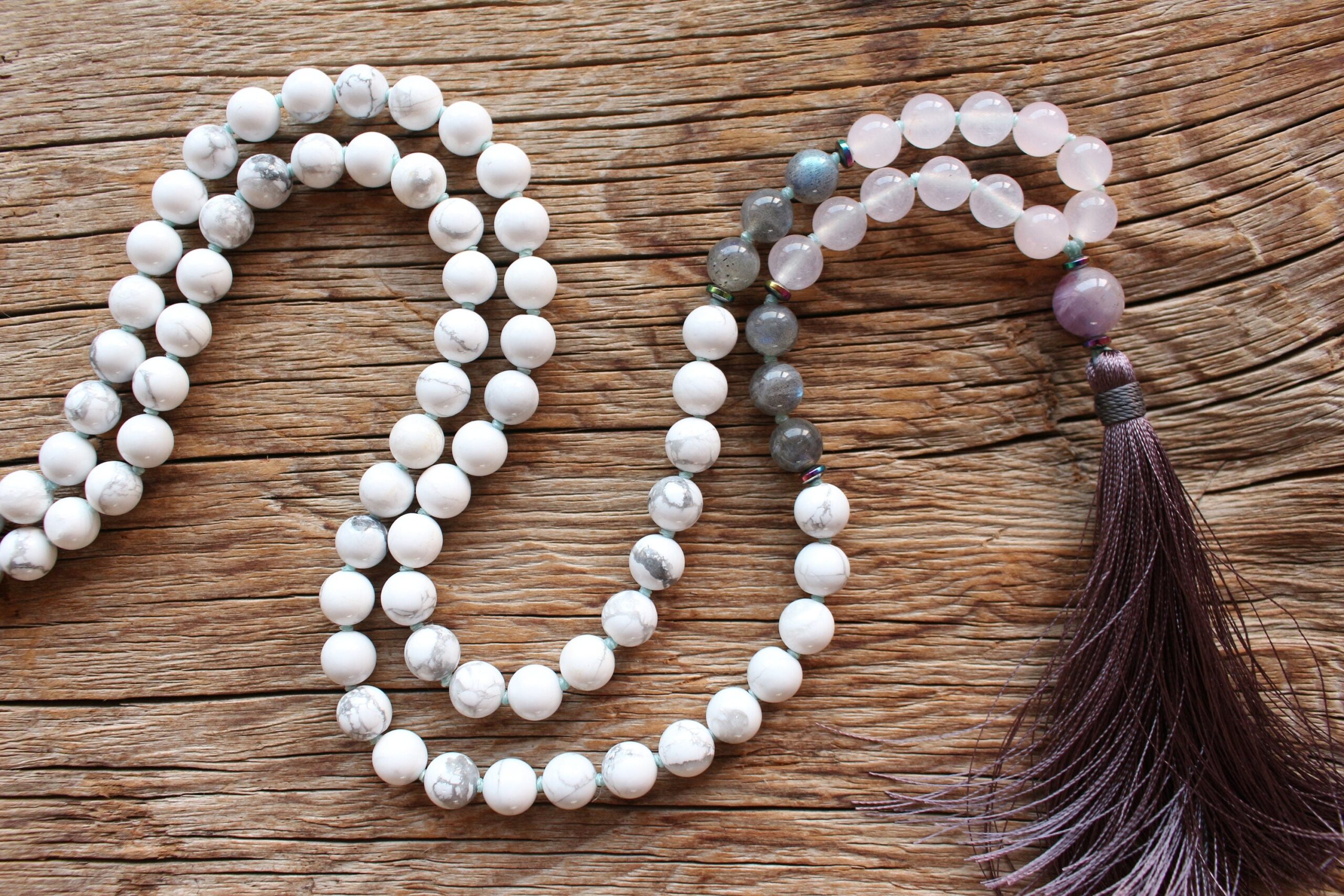 108 Mala Howlite Rose Quartz, Labradorite Amethyst Hematite Yoga Mala. Bohemian Long Tassel Necklace. Vegan Mala Yoga gift for her.