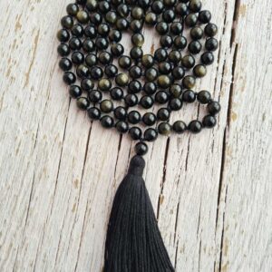 108 Black Silver and Golden Sheen Obsidian Mala, Top quality beads, Royal Obsidian , Cotton Tassel. Vegan  Unisex Mala.