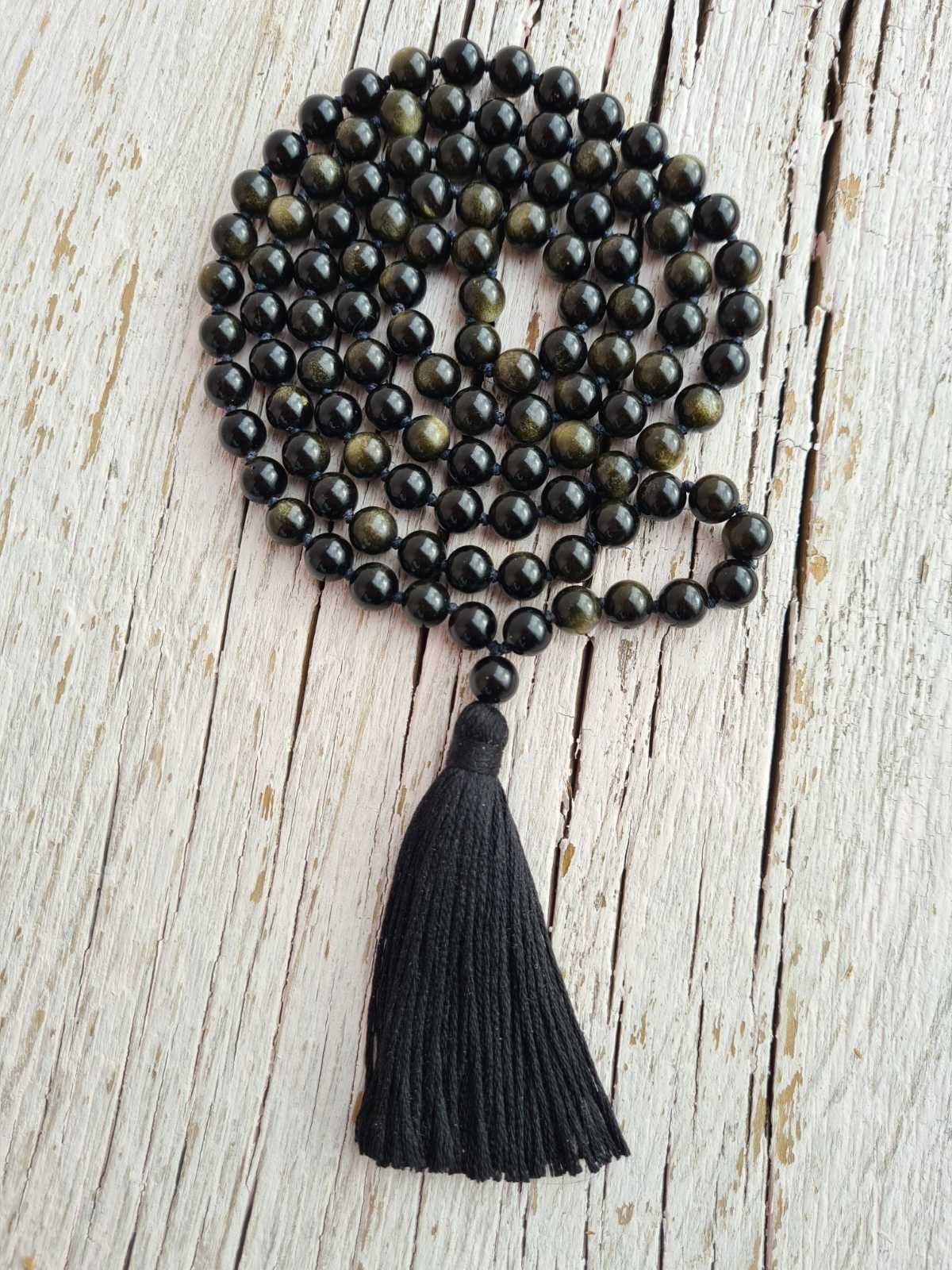108 Black Silver and Golden Sheen Obsidian Mala, Top quality beads, Royal Obsidian , Cotton Tassel. Vegan Unisex Mala.