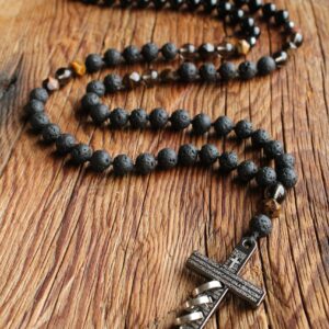 108 Mens Cross Mala Necklace Steel Cross Rosary Beaded Necklace Mala Beads 108 Christian Jewelry Meditation Protection Necklace Spiritual