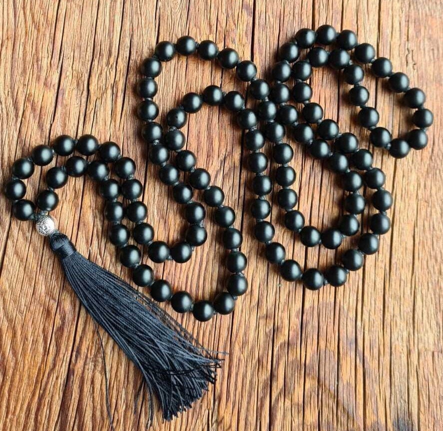 108 Black Onyx ОМ Prayer beads Tassel Necklace Yoga mala Buddhist mala Japa Mala Necklace. Protection Mala for Men and Women