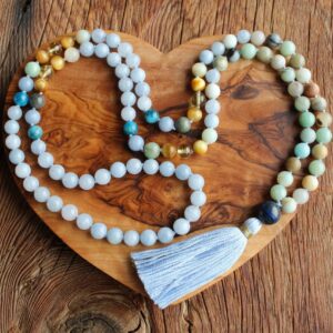 108 Blue Jade, Amazonite,  Angelite, Apatite, Citrine,Lapis Lazuli Guru bead Mala. Vegan Mala. Cotton tassel