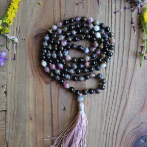 108 Tourmaline multicolor Rainbow Labradorite Sterling Silver Yoga Mala. Handmade Merino Wool Tassel. Yoga gifts for her Boho Necklace