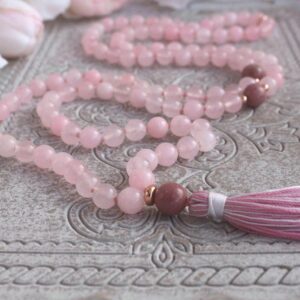 Rose Quartz and Rhodonite Mala Necklace | 108 Bead Healing Mala for Love and Compassion | Heart Chakra Meditation Beads