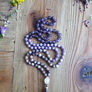 108 Amethyst Lepidolite Purple Flower Jasper Rose Quartz Mala| Yoga Mala Bohemian Necklace | Handmade Vegan Tassel Mala| Yoga gift for Her
